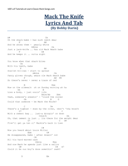 Mack the Knife Lyrics and Tab (By Bobby Darin)