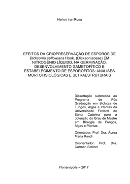 Dicksoniaceae) EM NITROGÊNIO LÍQUIDO, NA GERMINAÇÃO, DESENVOLVIMENTO GAMETOFÍTICO E ESTABELECIMENTO DE ESPORÓFITOS: ANÁLISES MORFOFISIOLÓGICAS E ULTRAESTRUTURAIS