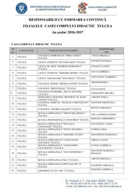 RESPONSABILII CU FORMAREA CONTINUĂ FILIALELE CASEI CORPULUI DIDACTIC TULCEA an Școlar 2016-2017