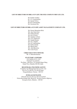 List of Directors of Birla Sun Life Trustee Company Private Ltd