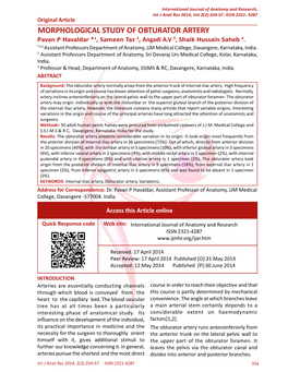 MORPHOLOGICAL STUDY of OBTURATOR ARTERY Pavan P Havaldar *1, Sameen Taz 2, Angadi A.V 3, Shaik Hussain Saheb 4