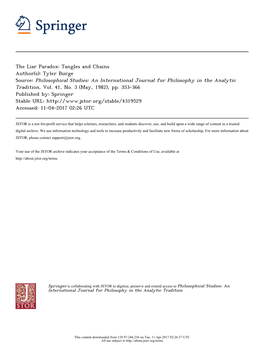 The Liar Paradox: Tangles and Chains Author(S): Tyler Burge Source: Philosophical Studies: an International Journal for Philosophy in the Analytic Tradition, Vol