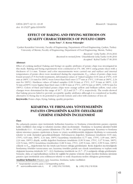 EFFECT of BAKING and FRYING METHODS on QUALITY CHARACTERISTICS of POTATO CHIPS Sezin Tuta1*, T