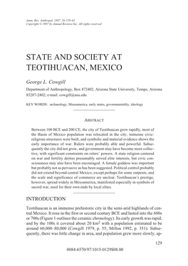 State and Society at Teotihuacan, Mexico