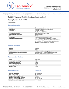 Bovine Lactoferrin Antibody Catalog Number: BLAC-101AP Lot Number: General Information