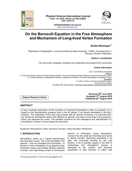 On the Bernoulli Equation in the Free Atmosphere and Mechanism of Long-Lived Vortex Formation