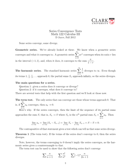 Series Convergence Tests Math 122 Calculus III D Joyce, Fall 2012