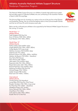 Athletics Australia National Athlete Support Structure Paralympic Preparation Program