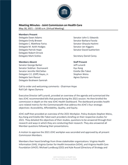 Meeting Minutes - Joint Commission on Health Care May 18, 2021 – 10:00 A.M
