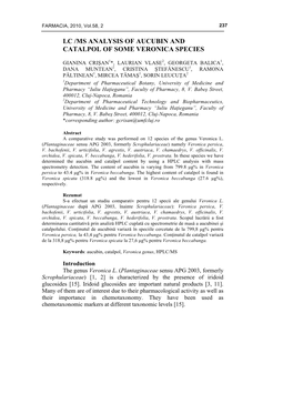 Lc /Ms Analysis of Aucubin and Catalpol of Some Veronica Species