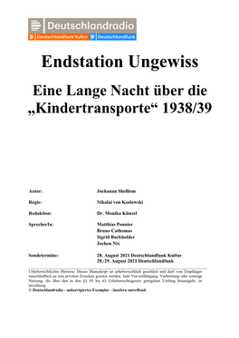 Endstation Ungewiss Eine Lange Nacht Über Die „Kindertransporte“ 1938/39