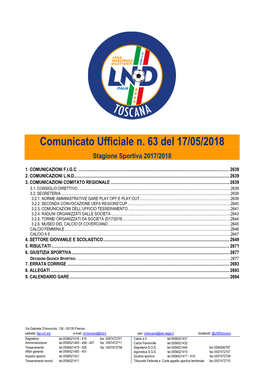 Comunicato Ufficiale N. 63 Del 17/05/2018