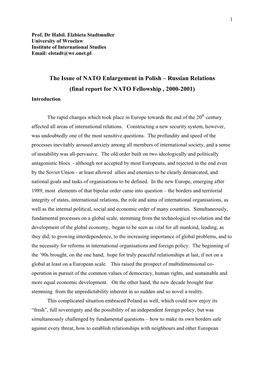 The Issue of NATO Enlargement in Polish – Russian Relations (Final Report for NATO Fellowship , 2000-2001) Introduction