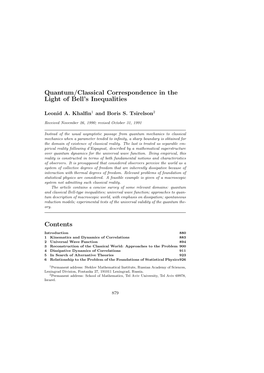 Quantum/Classical Correspondence in the Light of Bell's Inequalities Contents