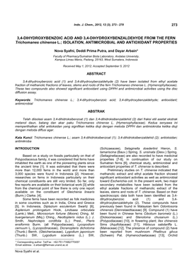 3,4-DIHYDROXYBENZOIC ACID and 3,4-DIHYDROXYBENZALDEHYDE from the FERN Trichomanes Chinense L.; ISOLATION, ANTIMICROBIAL and ANTIOXIDANT PROPERTIES