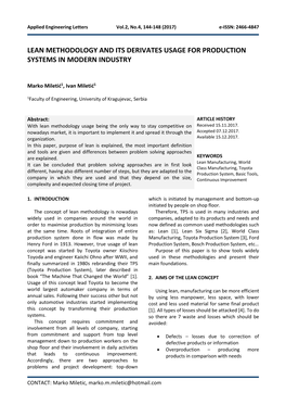 Lean Methodology and Its Derivates Usage for Production Systems in Modern Industry