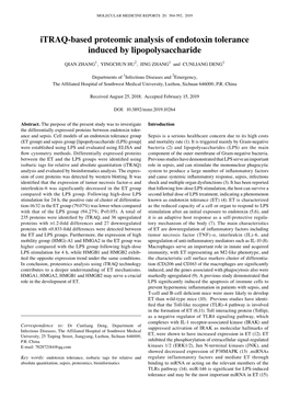 Itraq‑Based Proteomic Analysis of Endotoxin Tolerance Induced by Lipopolysaccharide