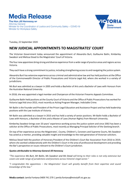 New Judicial Appointments to Magistrates’ Court