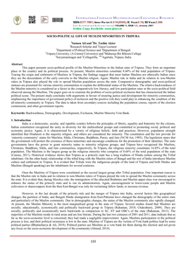 SOCIO-POLITICAL LIFE of MUSLIM MINORITIES in TRIPURA 1Sumon Ali and 2Dr. Taslim Akter 1Research Scholar and 2Guest Lecturer 1Dep