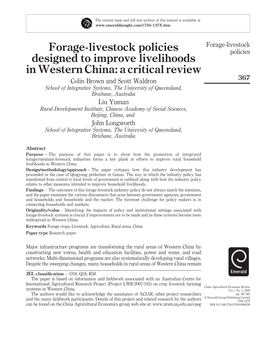Forage-Livestock Policies Designed to Improve Livelihoods in Western China