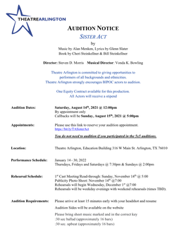 AUDITION NOTICE SISTER ACT by Music by Alan Menken, Lyrics by Glenn Slater Book by Cheri Steinkellner & Bill Steinkellner