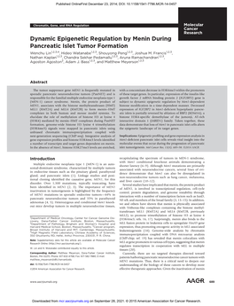 Dynamic Epigenetic Regulation by Menin During Pancreatic Islet Tumor Formation Wenchu Lin1,2,3,4, Hideo Watanabe1,2,3, Shouyong Peng1,2,3, Joshua M