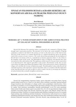 Tinjauan Filosofis Budaya Agraris Reresik Lak: Konservasi Air Dalam Praktik Pertanian Dusun Ngiring