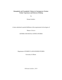 Homophobic and Transphobic Violence in Contemporary Ukraine: Victims' Experiences and Patterns of Policing by Roman Leksikov A