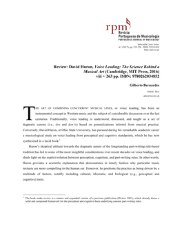 David Huron, Voice Leading: the Science Behind a Musical Art (Cambridge, MIT Press, 2016) Viii + 263 Pp