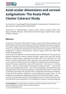 Axial Ocular Dimensions and Corneal Astigmatism: the Kuala Pilah Cluster Cataract Study