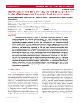 Identification of Mir-203A, Mir-10A, and Mir-194 As Predictors for Risk of Lymphovascular Invasion in Head and Neck Cancers