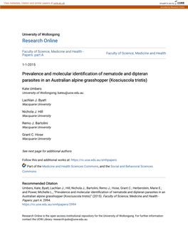 Prevalence and Molecular Identification of Nematode and Dipteran Parasites in an Australian Alpine Grasshopper (Kosciuscola Tristis)