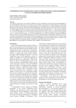 Comparison of Conformation Trait Scores of Dams and Daughters in Latvian Warmblood Horse Breed