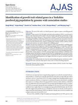 Identification of Growth Trait Related Genes in a Yorkshire Purebred Pig Population by Genome-Wide Association Studies