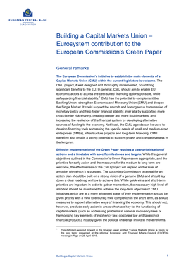 Building a Capital Markets Union – Eurosystem Contribution to the European Commission’S Green Paper