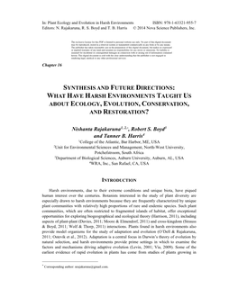 Synthesis and Future Directions: What Have Harsh Environments Taught Us About Ecology, Evolution, Conservation and Restoration