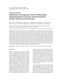 Original Article Assessment for Prognostic Value of Differentially Expressed Genes in Immune Microenvironment of Clear Cell Renal Cell Carcinoma