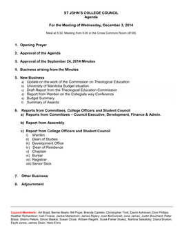 ST JOHN's COLLEGE COUNCIL Agenda for the Meeting Of