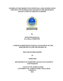 Studies on the Productive Potential and Conservation Strategy of Major Range Grasses in the Degrading Range Lands of Cholistan Desert