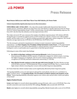 Most Owners Still in Love with Their Three-Year-Old Vehicles, J.D. Power Finds Vehicle Dependability Significantly Improves