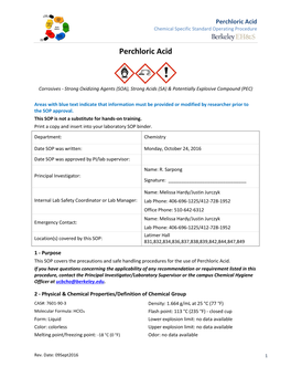 Perchloric Acid Chemical Specific Standard Operating Procedure