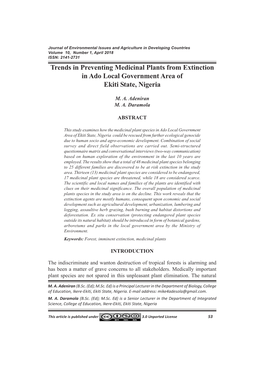 Trends in Preventing Medicinal Plants from Extinction in Ado Local Government Area of Ekiti State, Nigeria