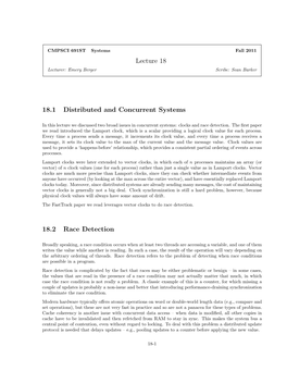 Lecture 18 18.1 Distributed and Concurrent Systems 18.2 Race