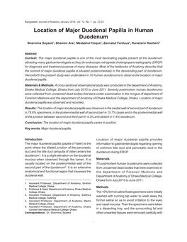 Location of Major Duodenal Papilla in Human Duodenum Sharmina Sayeed1, Shamim Ara2, Mesbahul Hoque3, Zannatul Ferdous4, Kanetarin Kashem5