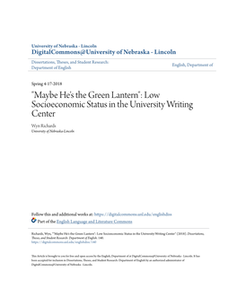 Low Socioeconomic Status in the University Writing Center Wyn Richards University of Nebraska-Lincoln