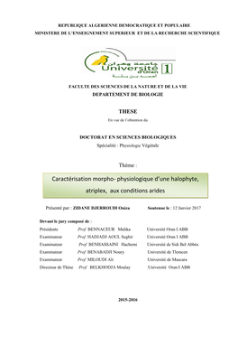 Physiologique D'une Halophyte, Atriplex, Aux Conditions Arides