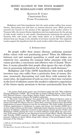 Money Illusion in the Stock Market: the Modigliani-Cohn Hypothesis*