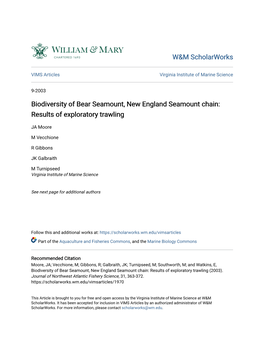 Biodiversity of Bear Seamount, New England Seamount Chain: Results of Exploratory Trawling