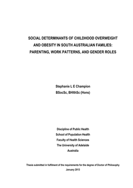 Social Determinants of Childhood Overweight and Obesity in South Australian Families: Parenting, Work Patterns, and Gender Roles