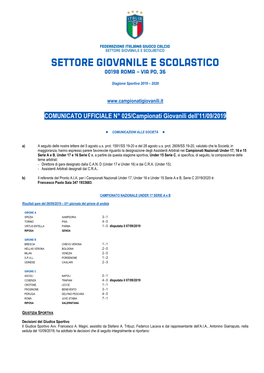 COMUNICATO UFFICIALE N° 025/Campionati Giovanili Dell'11/09